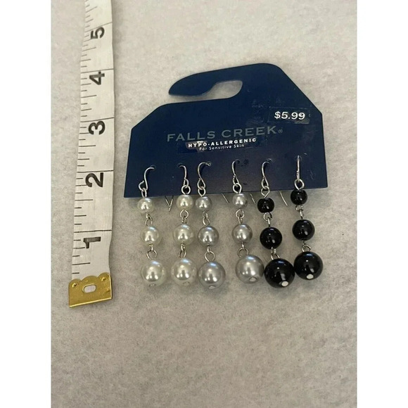 Vintage VTG Falls Creek Faux Pearl 3 Pack Dangle Earrings White Silver Black 2” - Picture 2 of 3
